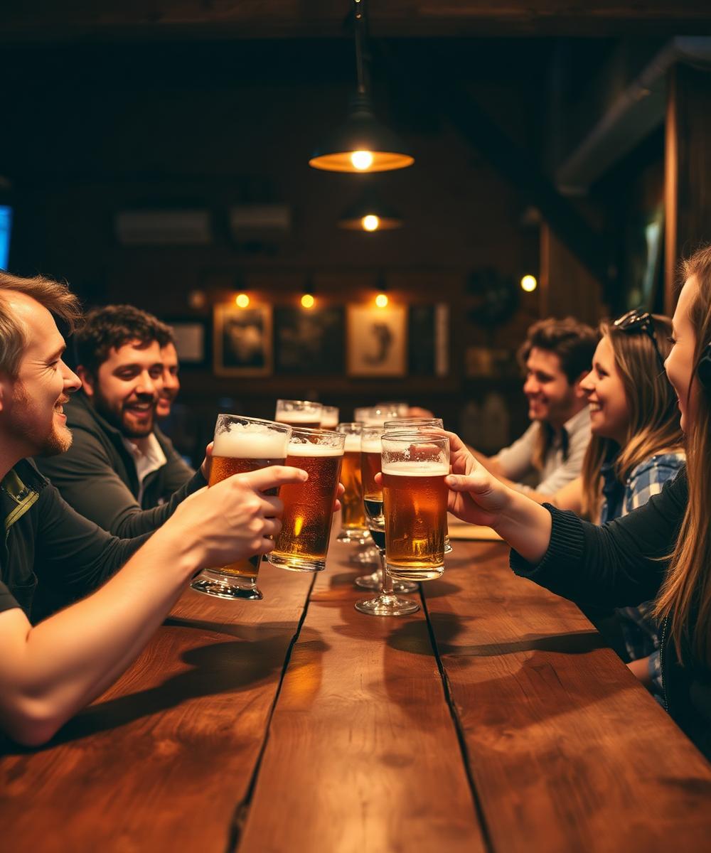 Amigos brindando com copos de chopp em uma mesa de madeira