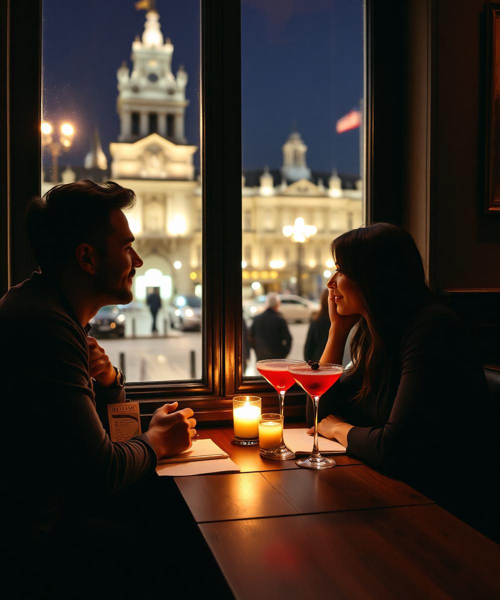 Casal jantando ao lado de uma janela com vista para a praça iluminada