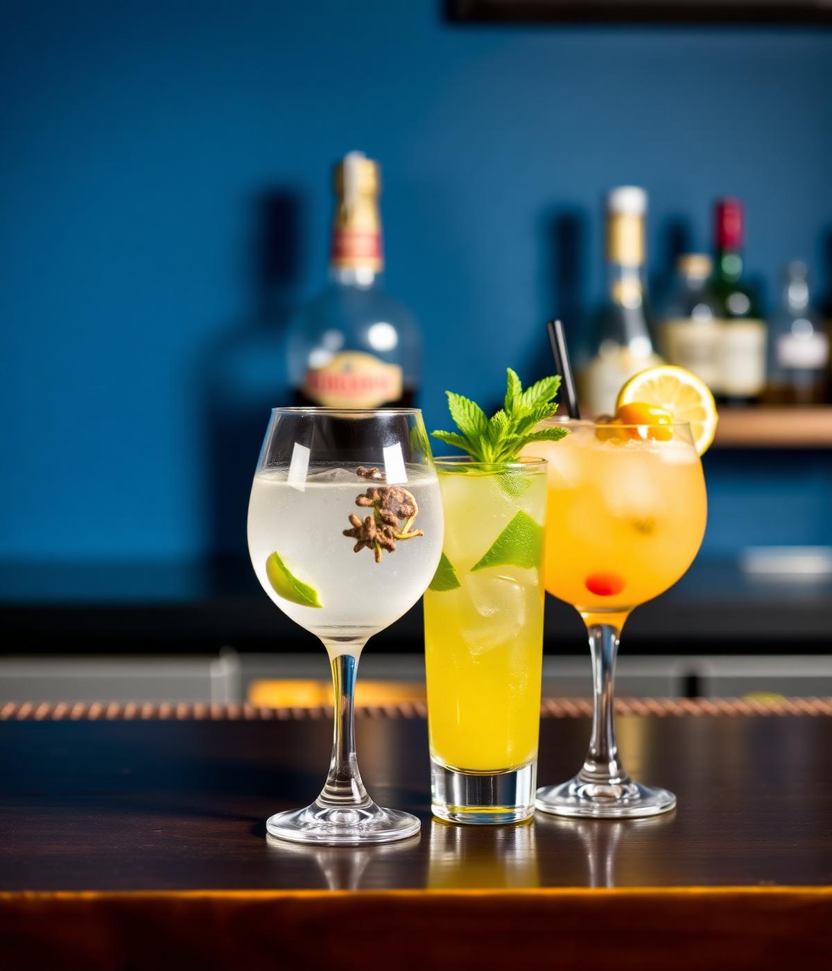 Gin tônica, mojito e caipirinha sobre o balcão azul do bar