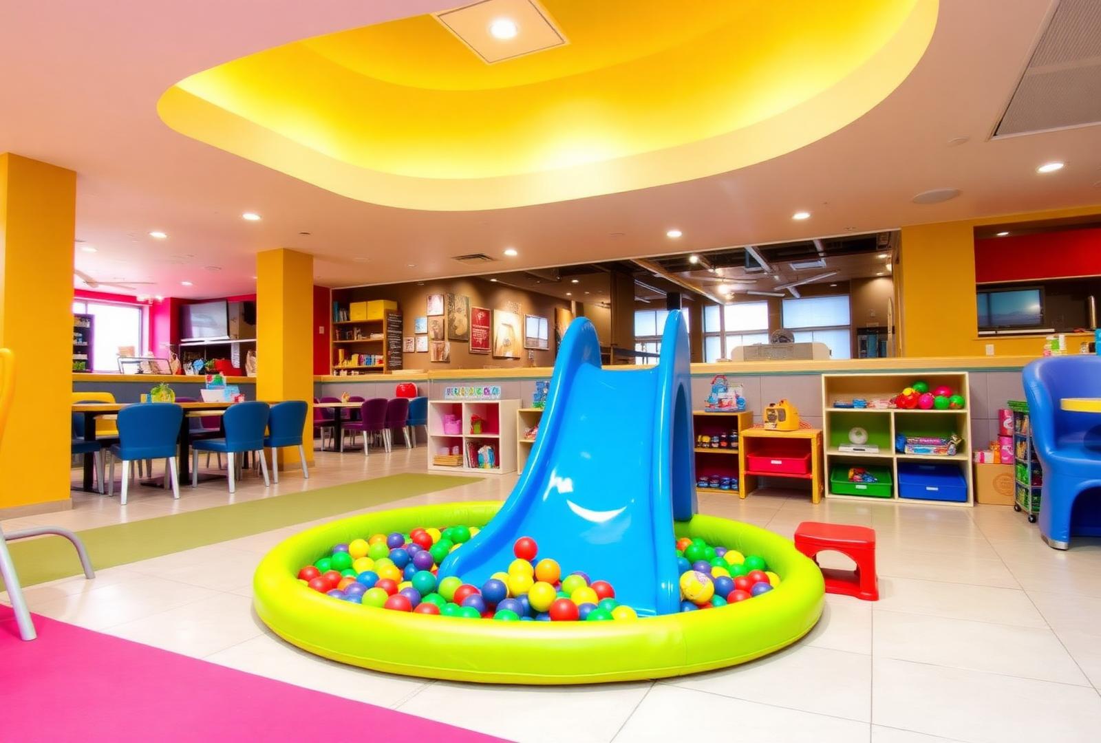 Espaço kids do Casarão com brinquedos, piscina de bolinhas e escorregador