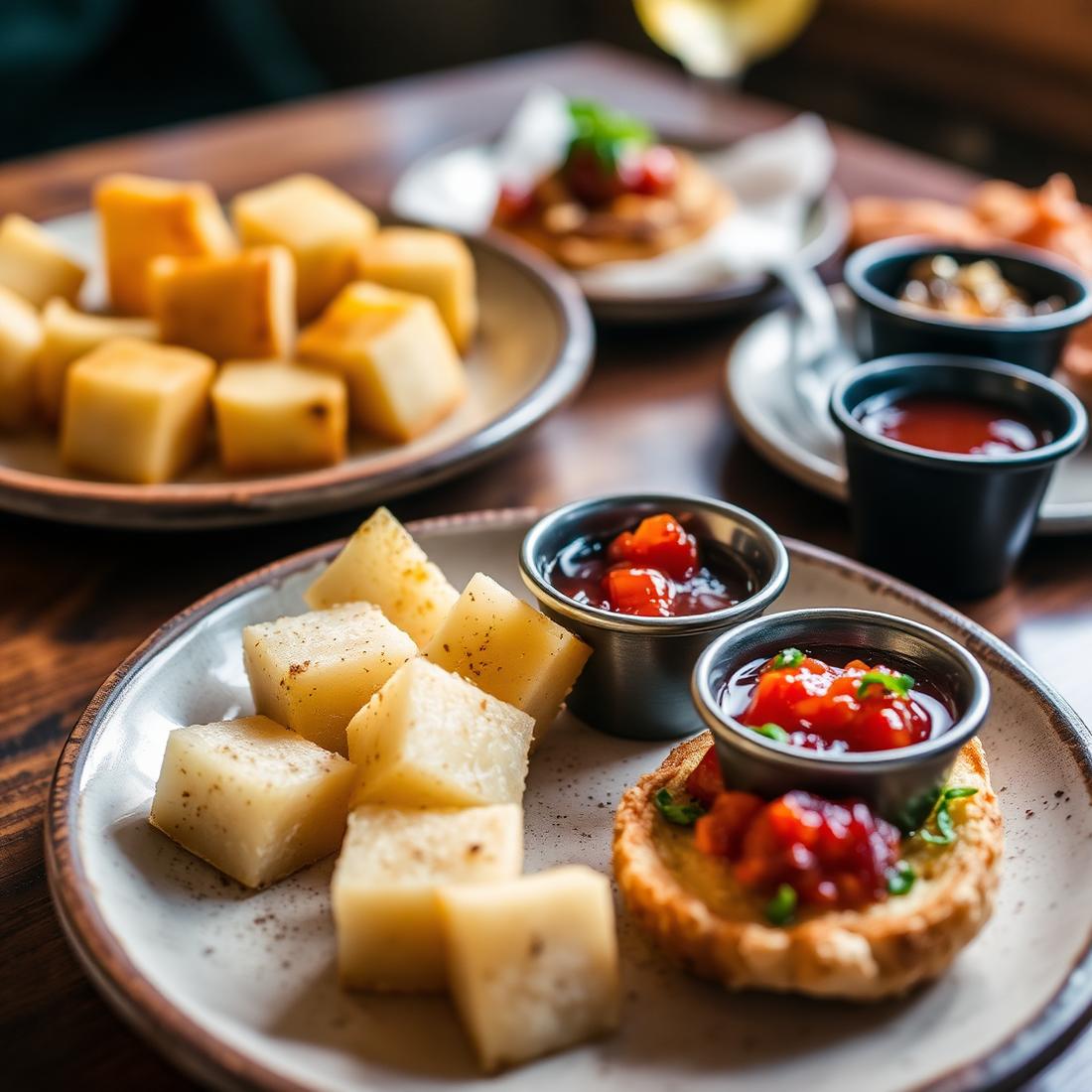 Dadinho de tapioca, croquete e brusqueta servidos em pratos rústicos