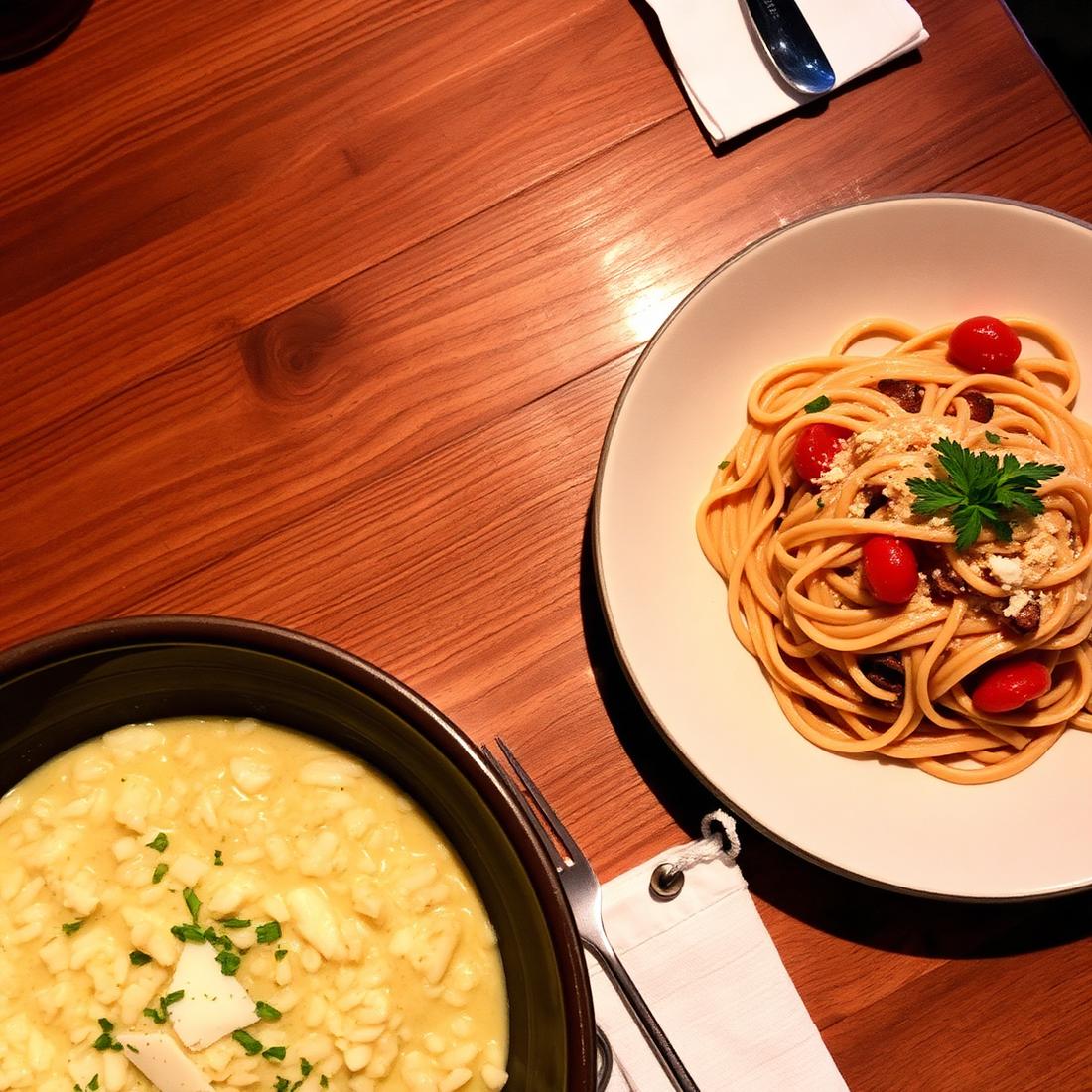 Risoto cremoso ao lado de massa artesanal