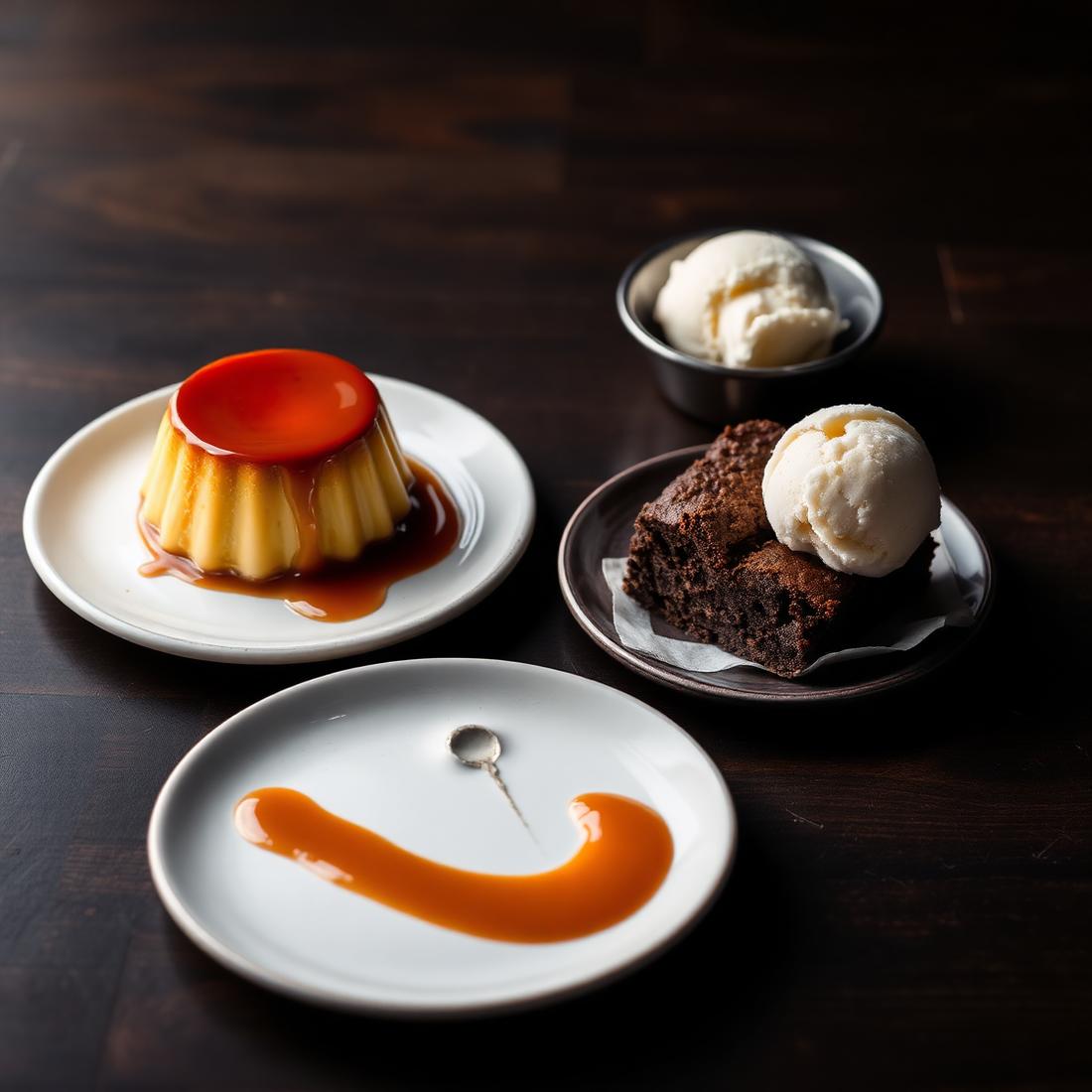 Pudim de doce de leite e brownie com sorvete